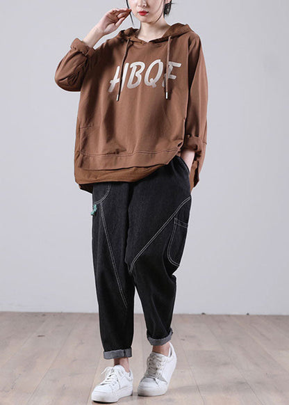 Brown Hooded Drawstring Graphic Fall Patchwork Sweatshirts Top