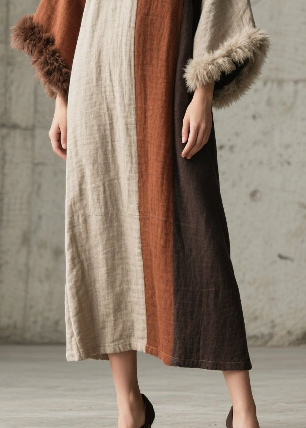 Mixed Color Oversized Patchwork Faux Fur Ankle Dress Flare Sleeve