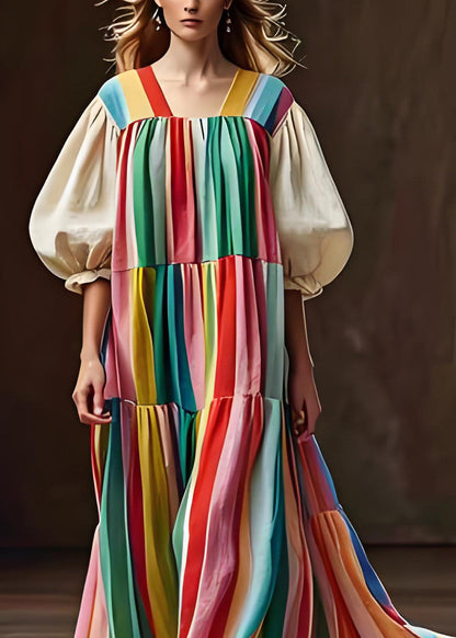 Colorblock Wrinkled Patchwork Cotton Dress Lantern Sleeve
