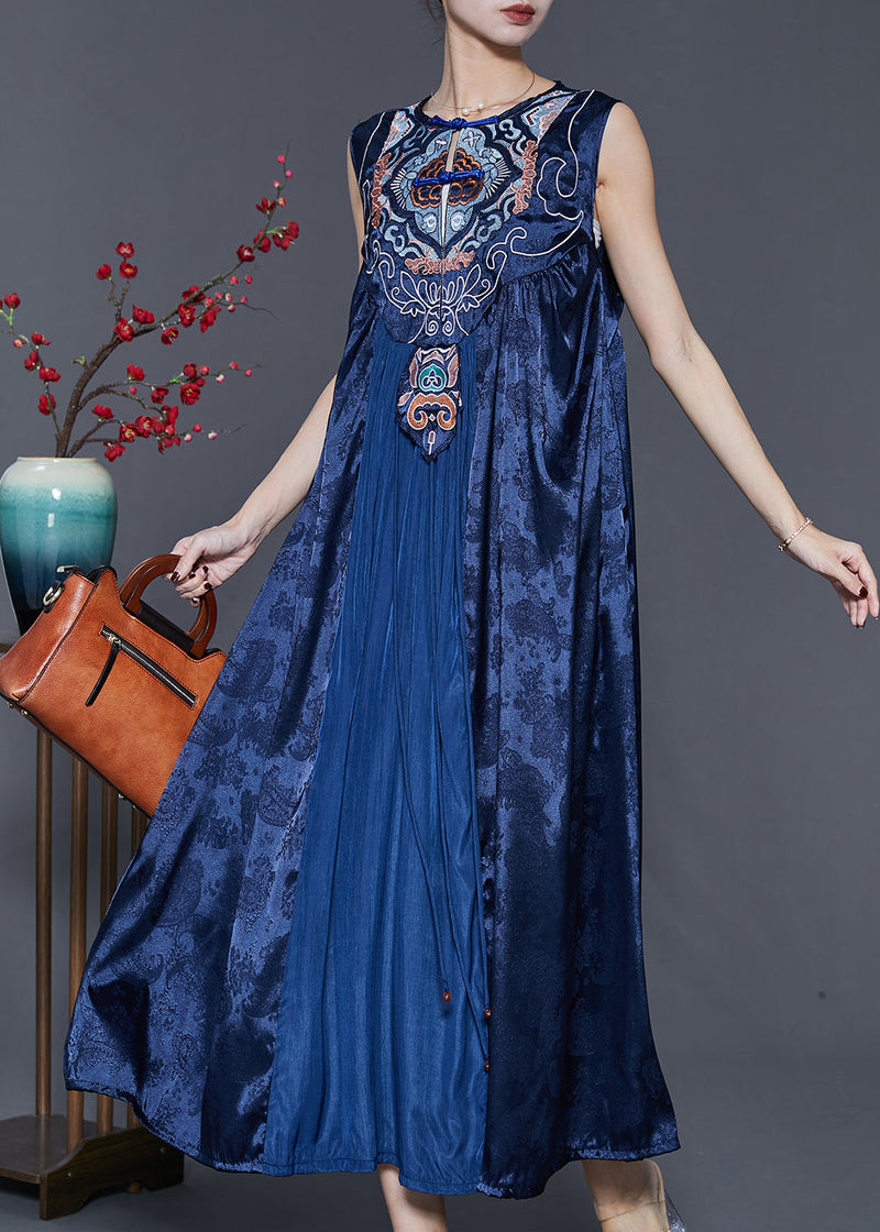 Blue Embroidered Patchwork Silk Dress Sleeveless