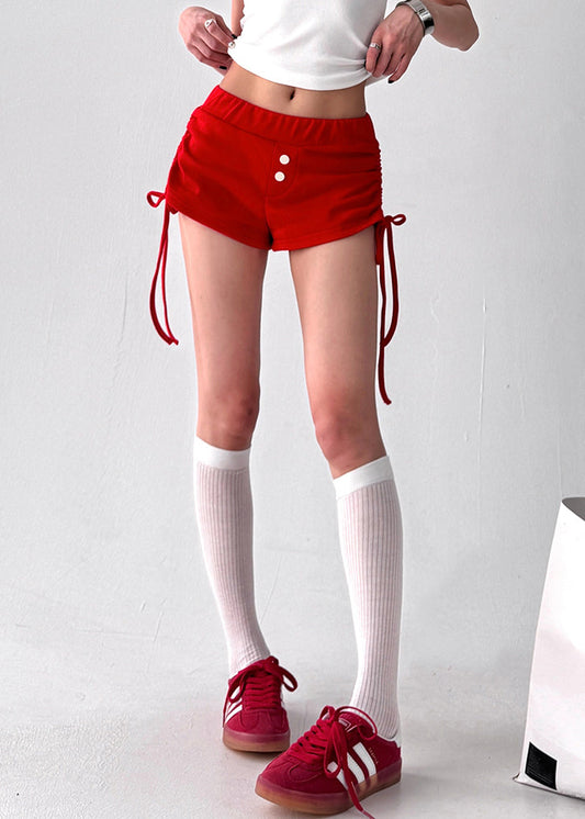 Red Lace Up Elastic Waist Cotton Shorts Summer