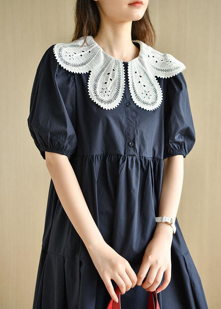 Navy Peter Pan Collar Patchwork Summer Cotton Dresses Short Sleeve