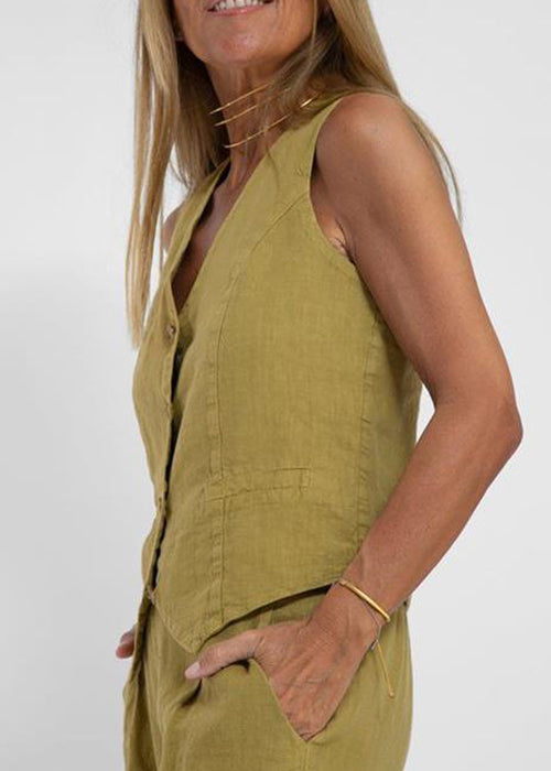 Olive Green Pockets Linen Two Pieces Set V Neck Summer