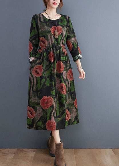 Green O-neck Print Cotton Long Dress Long Sleeve