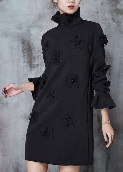 Black Turtle Neck Cotton Dress Flare Sleeve