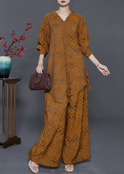 Yellow Oversized Print Silk Two Pieces Set Fall