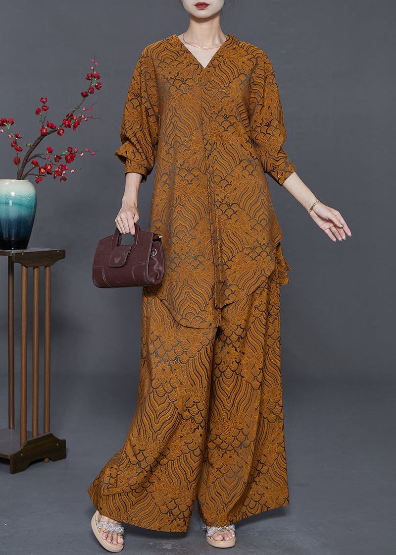 Yellow Oversized Print Silk Two Pieces Set Fall