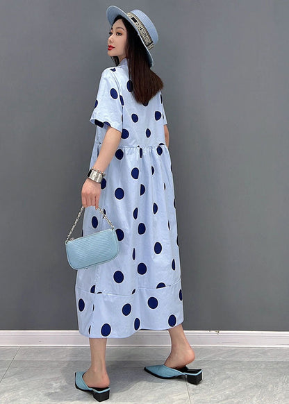 Blue Peter Pan Collar Dot Print Pockets Shirt Dresses Short Sleeve