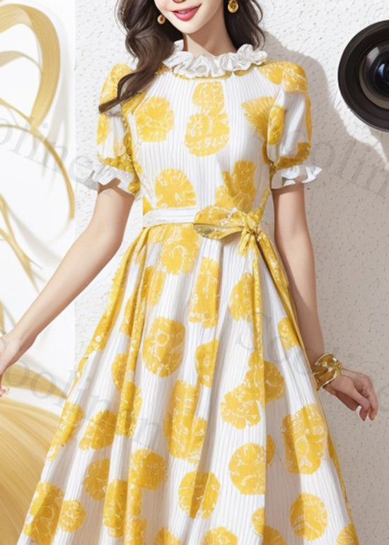 Loose Yellow Ruffled Print Lace Up Silk Dress Summer