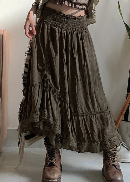 Army Green Ruffled Cinched Elastic Waist Cotton Skirts Fall