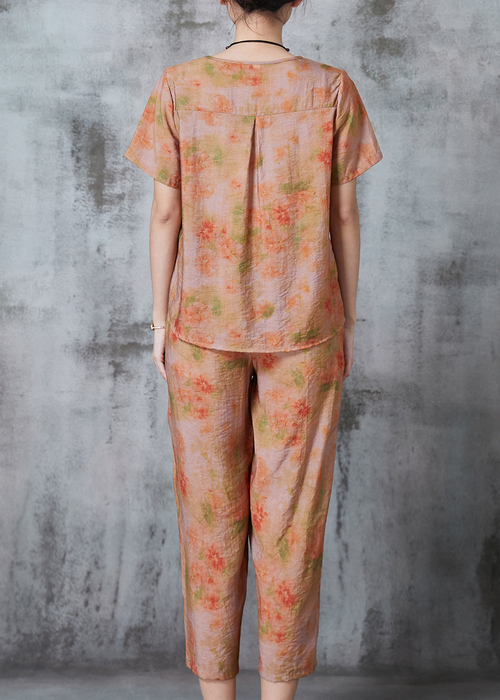 Orange Print Linen Sets 2 Pieces Oversized Summer