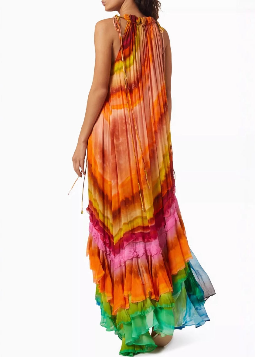 Rainbow Wrinkled Lace Up Cotton Maxi Dresses Sleeveless