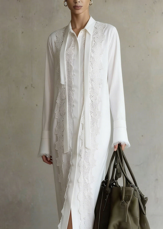 Boutique White Lace Patchwork Chiffon Shirts Dress Spring