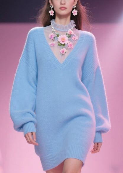 Blue Tulle Patchwork Knit Mid Dress Fall