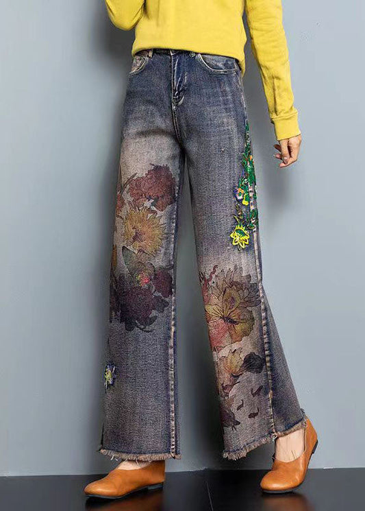 Diy Blue High Waist Embroideried Pockets Print Cotton Denim Straight Pants Fall