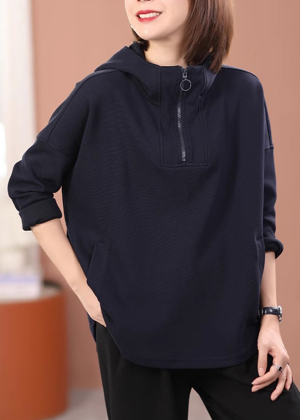 Black Hooded Cotton Pullover Sweatshirt Fall