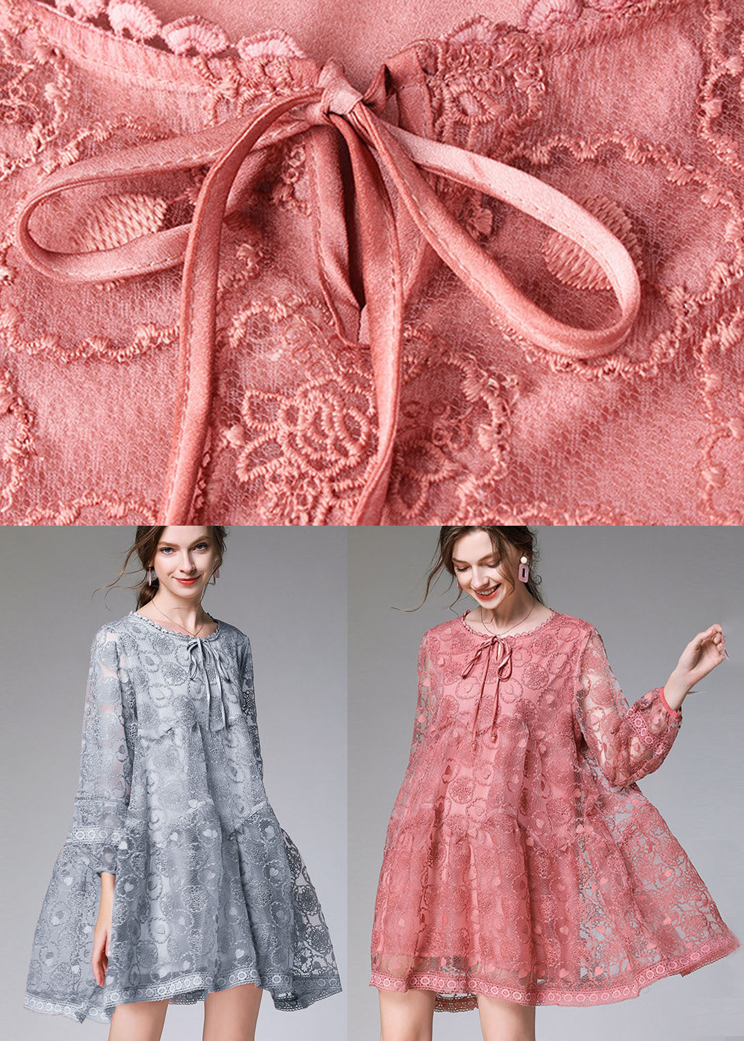 Blue Grey Hollow Out Lace Maxi Dress O-neck Embroideried Long Sleeve