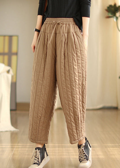 Khaki Pockets Fine Cotton Filled Pants Elastic Waist Winter