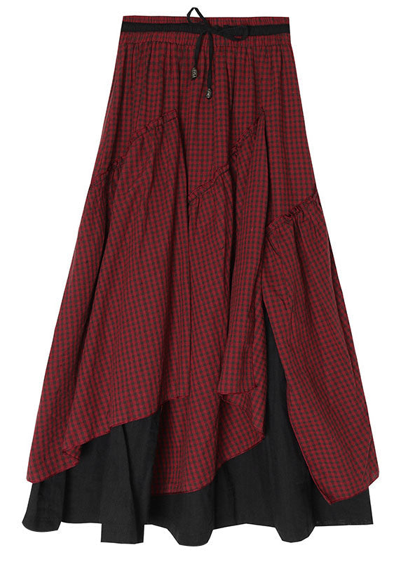 French Red Drawstring Asymmetrical Patchwork Skirt Spring