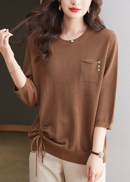 Stylish Camel O Neck Drawstring Ice Silk Top Bracelet Sleeve