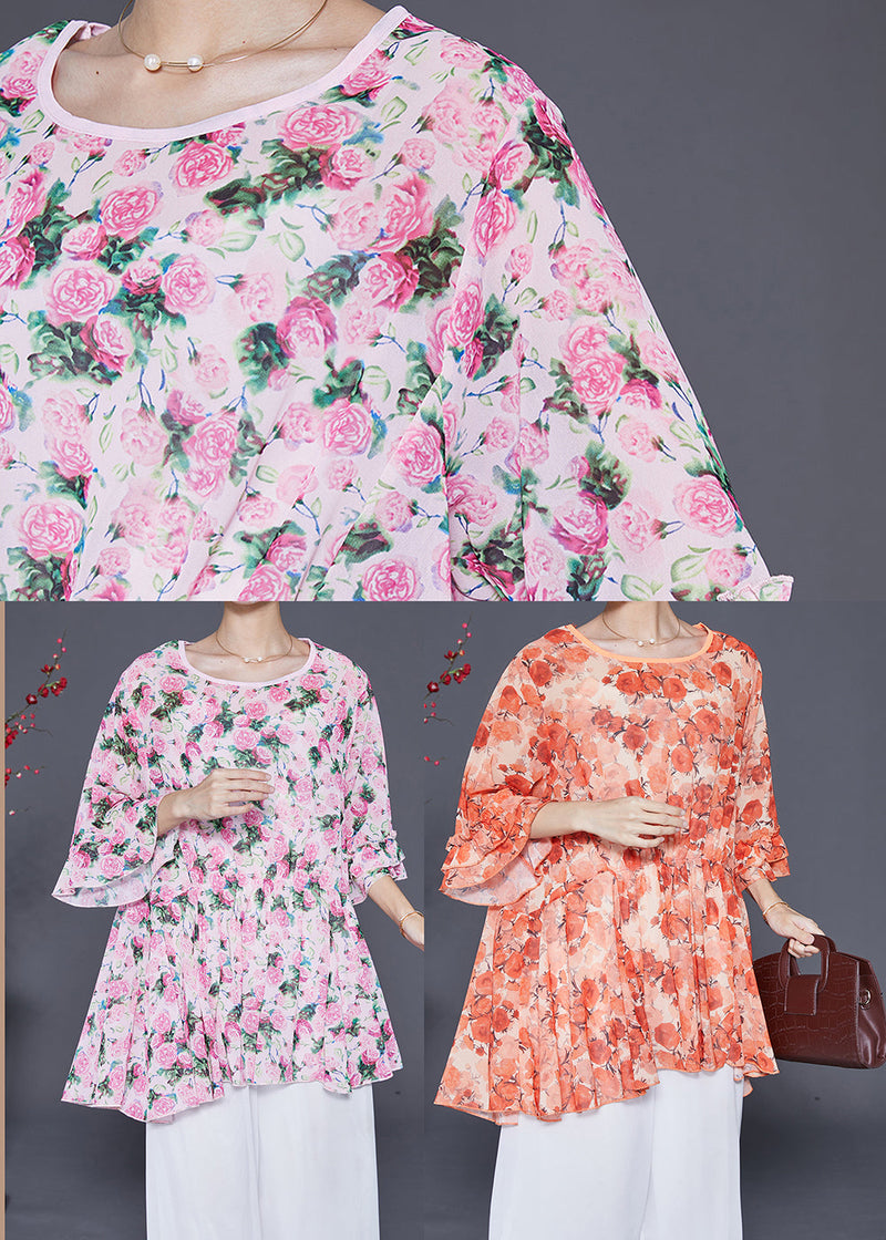 Pink Oversized Print Chiffon Tops Flare Sleeve