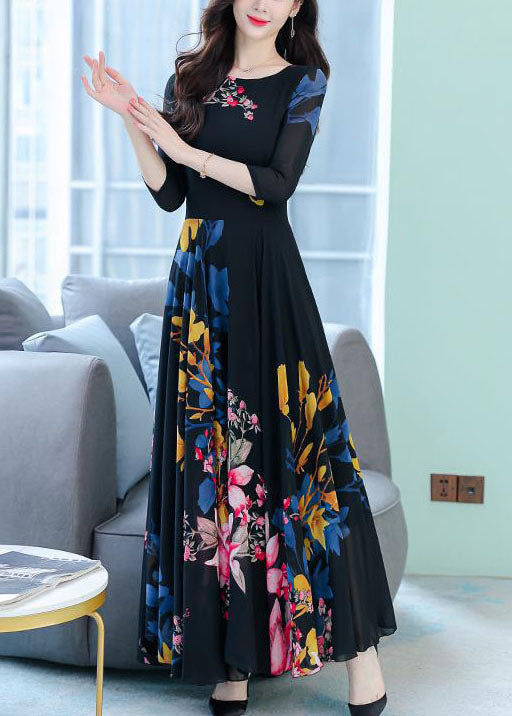Stylish Black O-neck Print Exra Large Hem Chiffon Dresses Half Sleeve