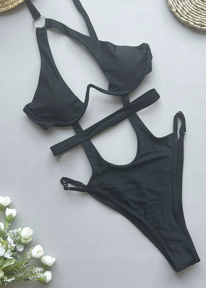 Black Asymmetrical Hollow Out Bodysuits