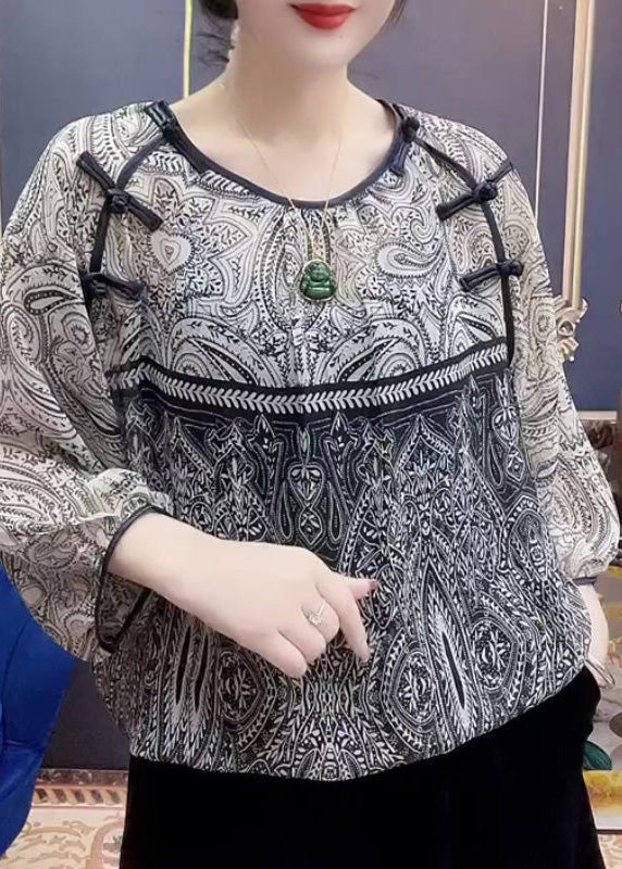 Retro Print O-neck Chiffon Top Long Sleeve