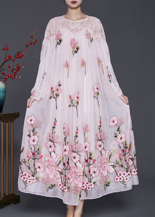 Stylish Pink Embroidered Hollow Out Silk Velour Maxi Dresses Spring