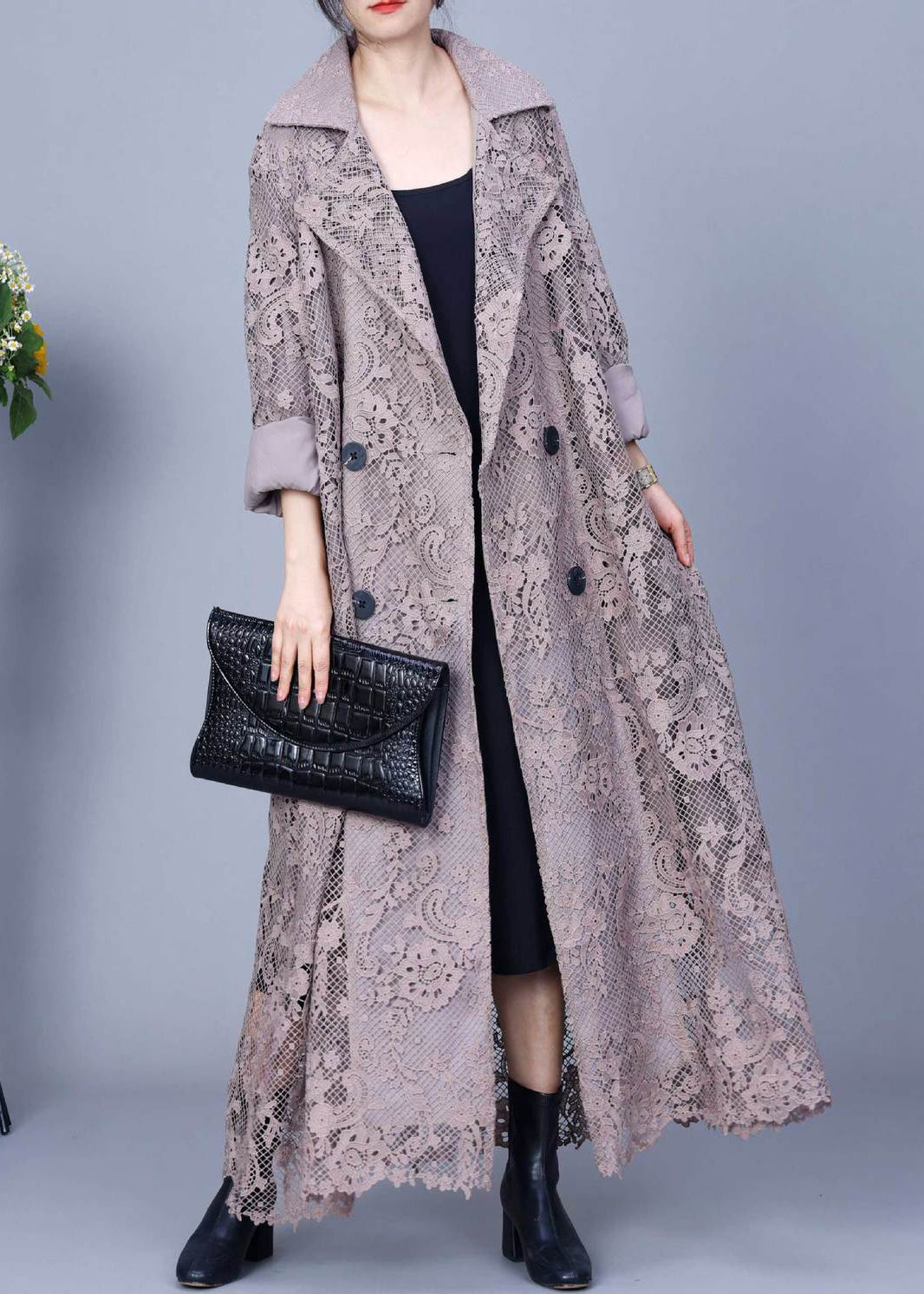 Loose Grey Notched Double Breast Lace Trench Coat Fall