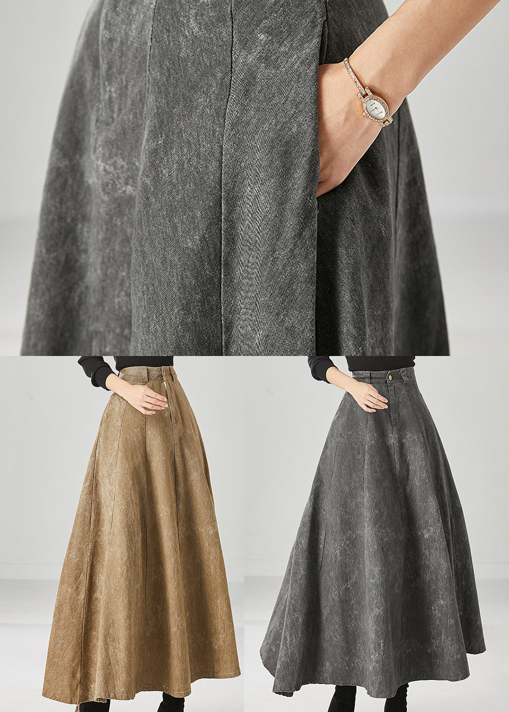 Grey Tie Dye Pockets Cotton a Line Skirt Fall