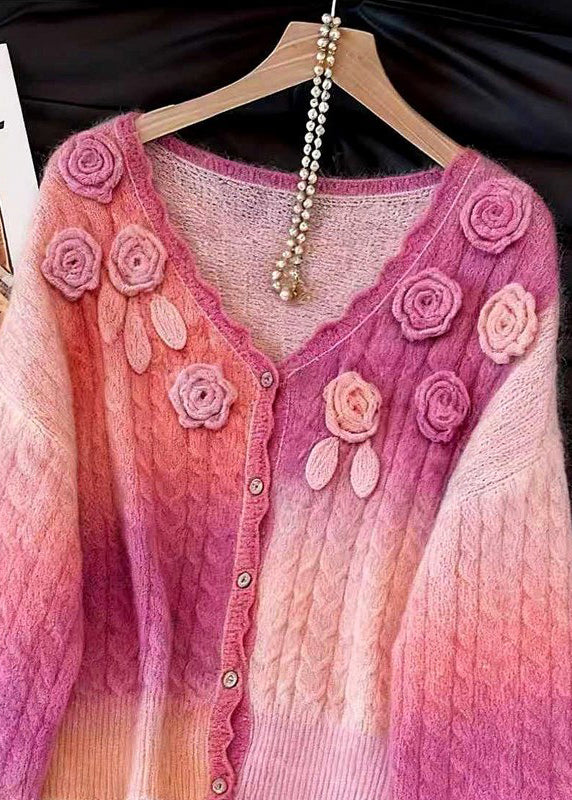 Pink Gradient Color Button Knit Cardigan V Neck Fall
