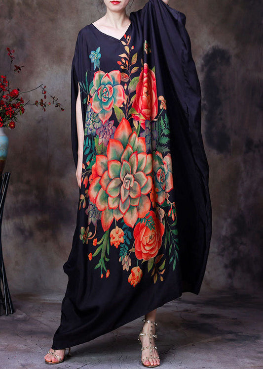 Black Original Design V Neck Print Silk Long Dress Batwing Sleeve