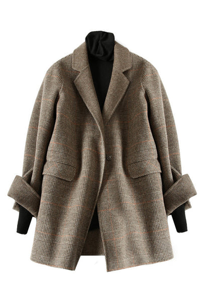 Chocolate Peter Pan Collar Plaid Woolen Coats Spring