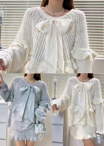 White Hollow Out Knit Two Pieces Set Bow Fall