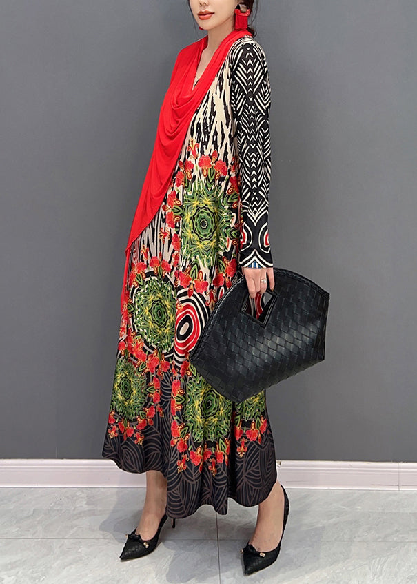Red V Neck Print Patchwork Cotton Long Dresses Fall