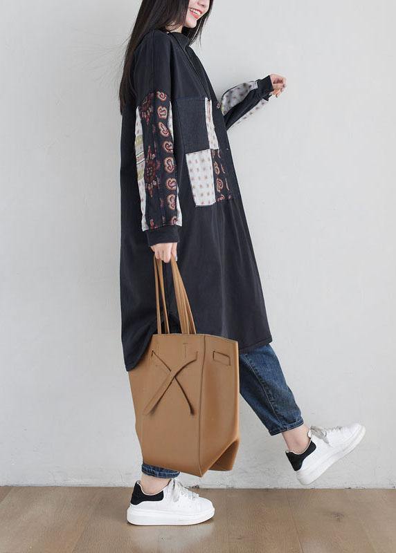 Stylish Black Turtleneck Print Loose Fall Sweatshirts Dress