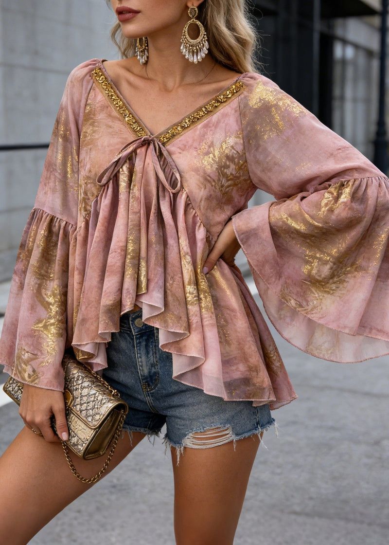 Unique Pink Asymmetrical Sequins Print Chiffon Shirt Spring