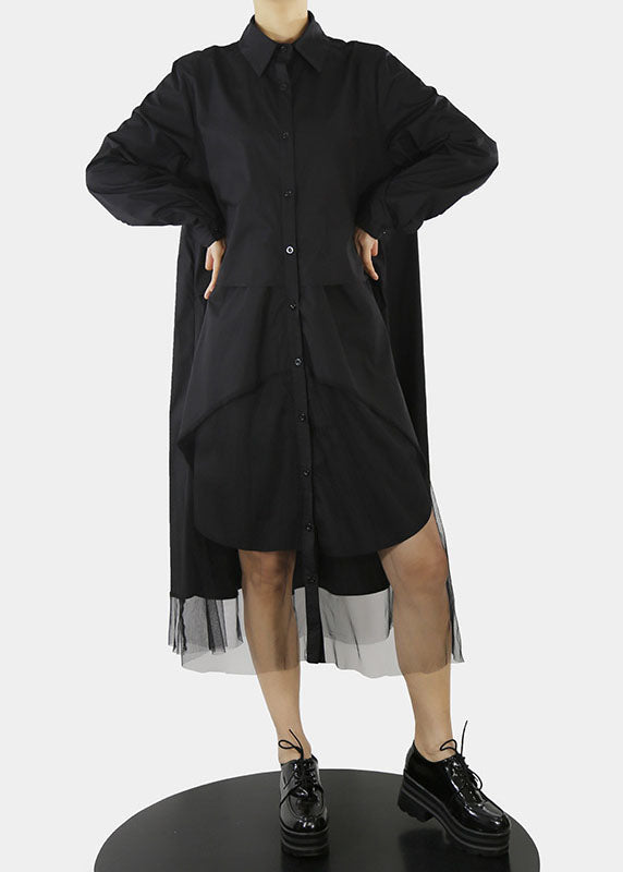 Black Tulle Patchwork Shirt Dresses Button Asymmetrical Design Peter Pan Collar Spring