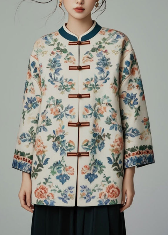 Apricot Stand Collar Print Coats Bracelet Sleeve