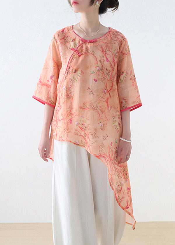 Orange Red O-neck Print Linen Shirt Top Half Sleeve