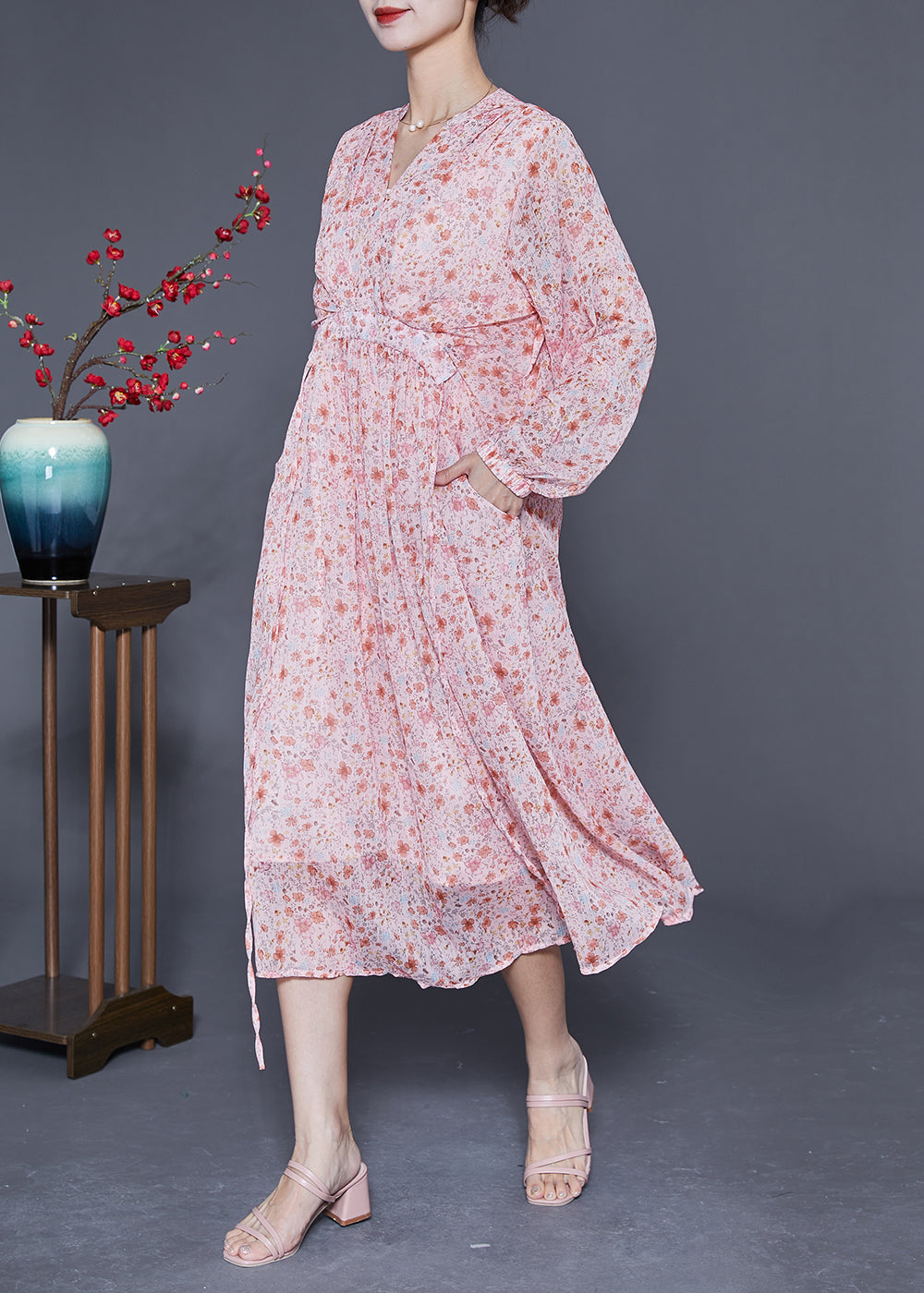 Pink V Neck Cinched Print Chiffon Beach Dress Summer