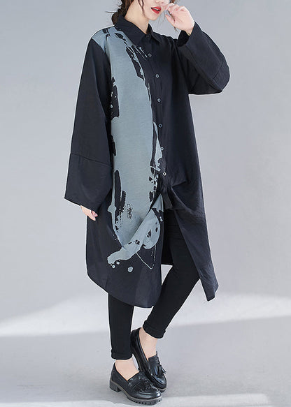Black Peter Pan Collar Print Patchwork Cotton Shirts Dresses Fall