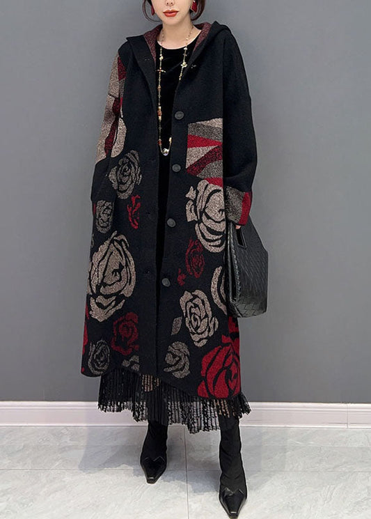 Black Hooded Rose Print Loose Knit Cardigans Spring