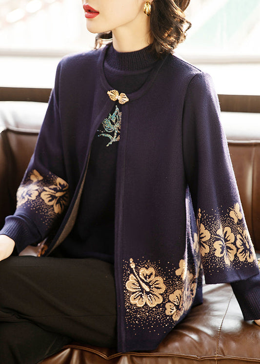 Dark Purple Print Cotton Knit Cardigans and Sweaters Two Pieces Set Three Quarter Sleeve
