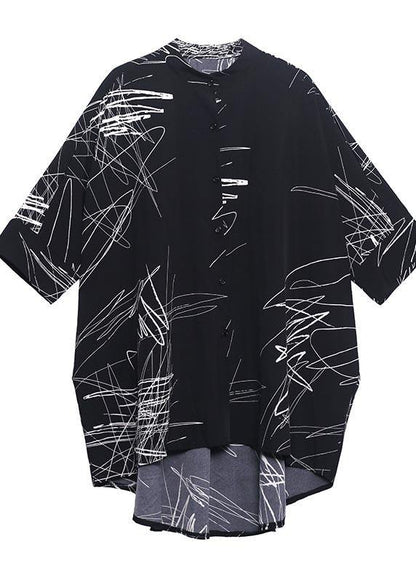 White Print Button Low High Design Cotton Blouses Fall