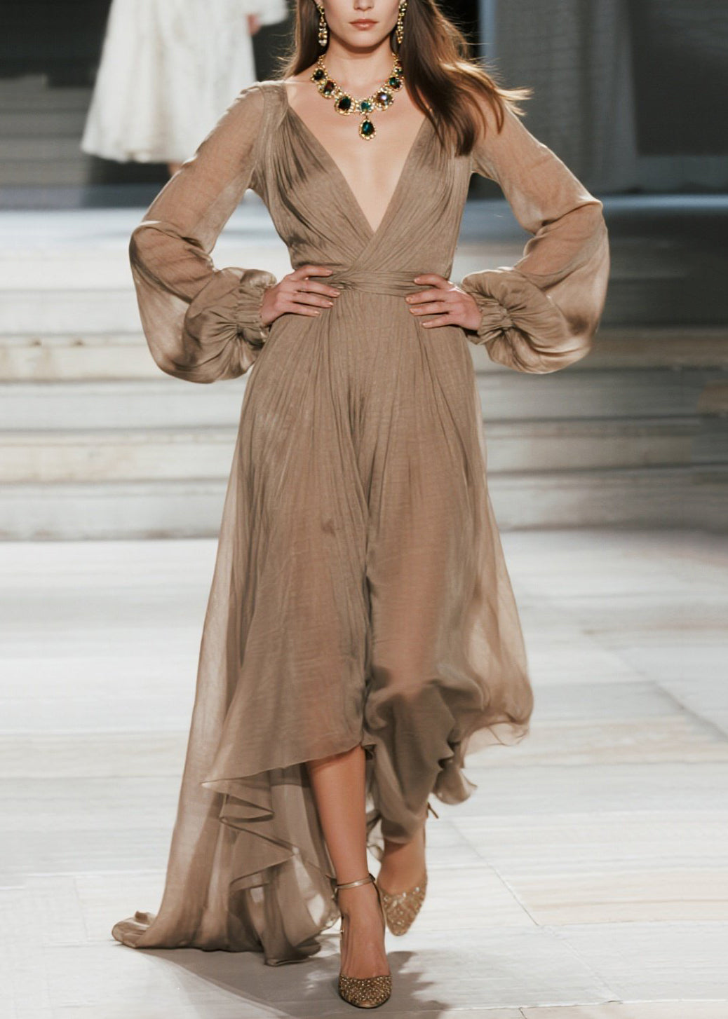 V Neck Wrinkled Patchwork Cotton Maxi Dresses Fall