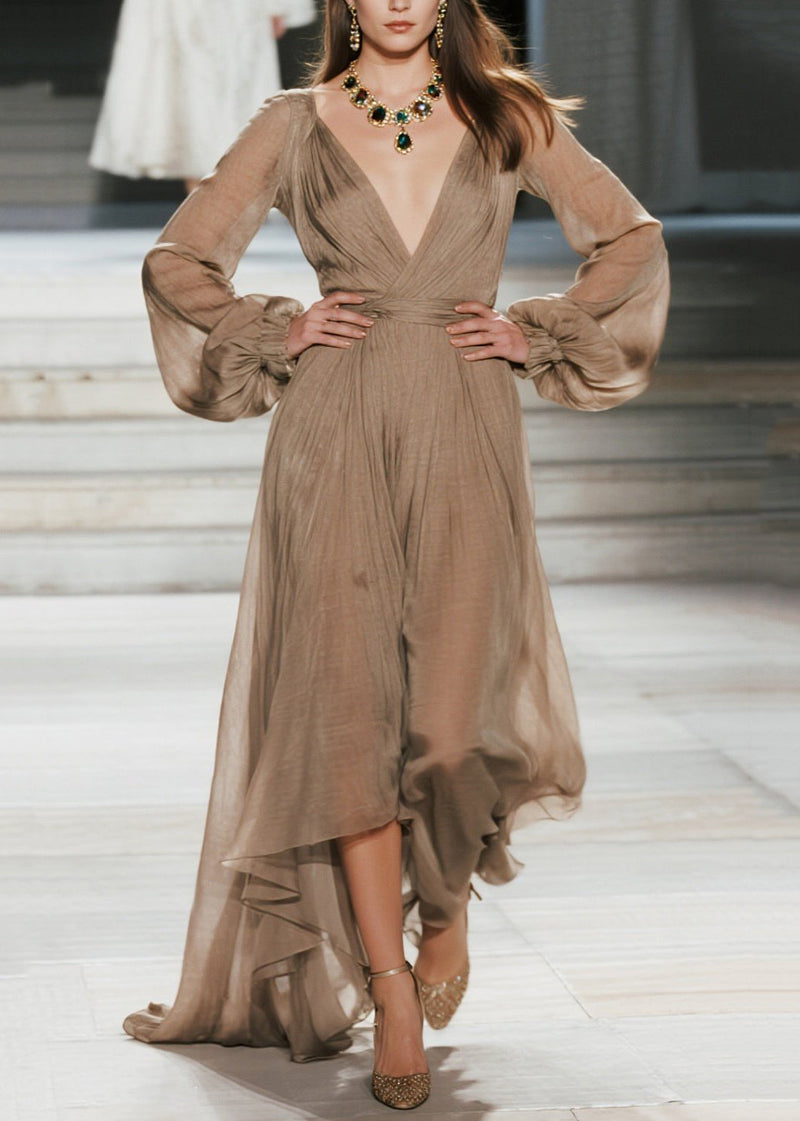 V Neck Wrinkled Patchwork Cotton Maxi Dresses Fall