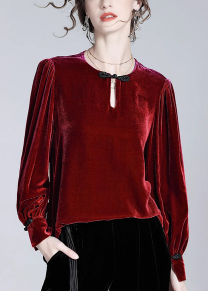 Loose Green Button Silk Velour Top Winter