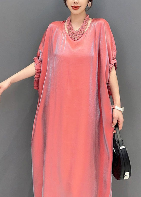Pink O-neck Silk Long Dress Short Sleeve Summer